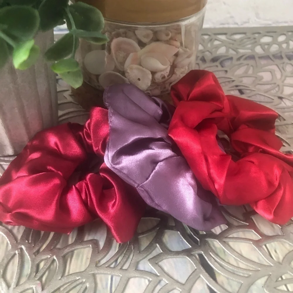3 New Silk Scrunchies Pink, Red, Purple